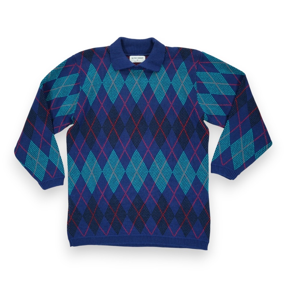 ALFRED DUNNER Vintage 80s knit Sweater Polo Men M Blue Argyle Diamond ‎ Made USA